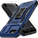DEERLAMN Case for iPhone SE 2022/2020,for iPhone 8/7 with Slide Camera Cover + Screen Protector,Rotated Ring Kickstand Military Grade Shockproof Protective Cover 4.7 Inch-Navy Blue