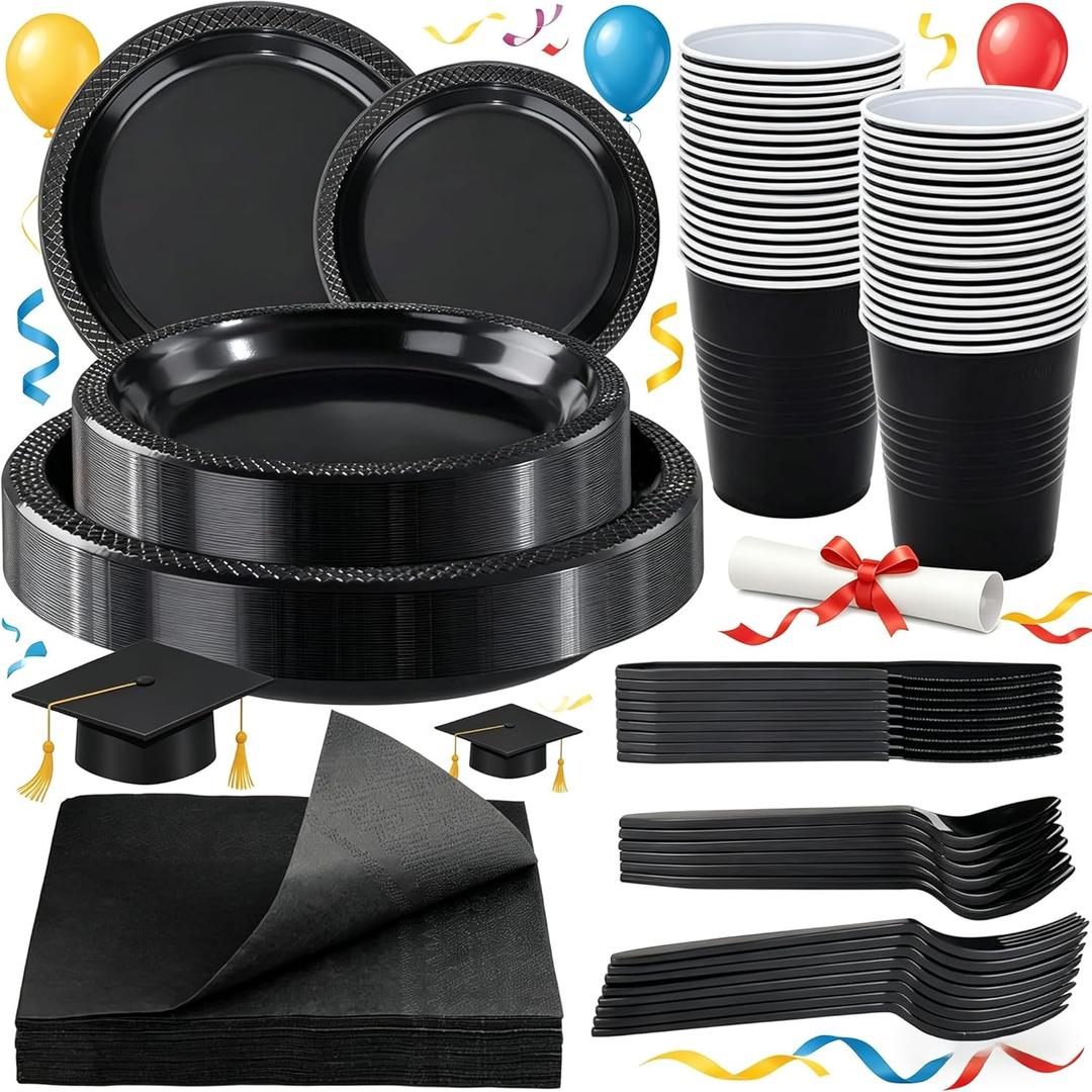 WELLIFE 210 PCS Black Plastic Plates for 30 Guests - Disposable Dinnerware Set Including Dinner Plates, Dessert Plates, 12oz Cups, Cutlery & Napkins, Black Disposable Plates for Party and Birthdays
