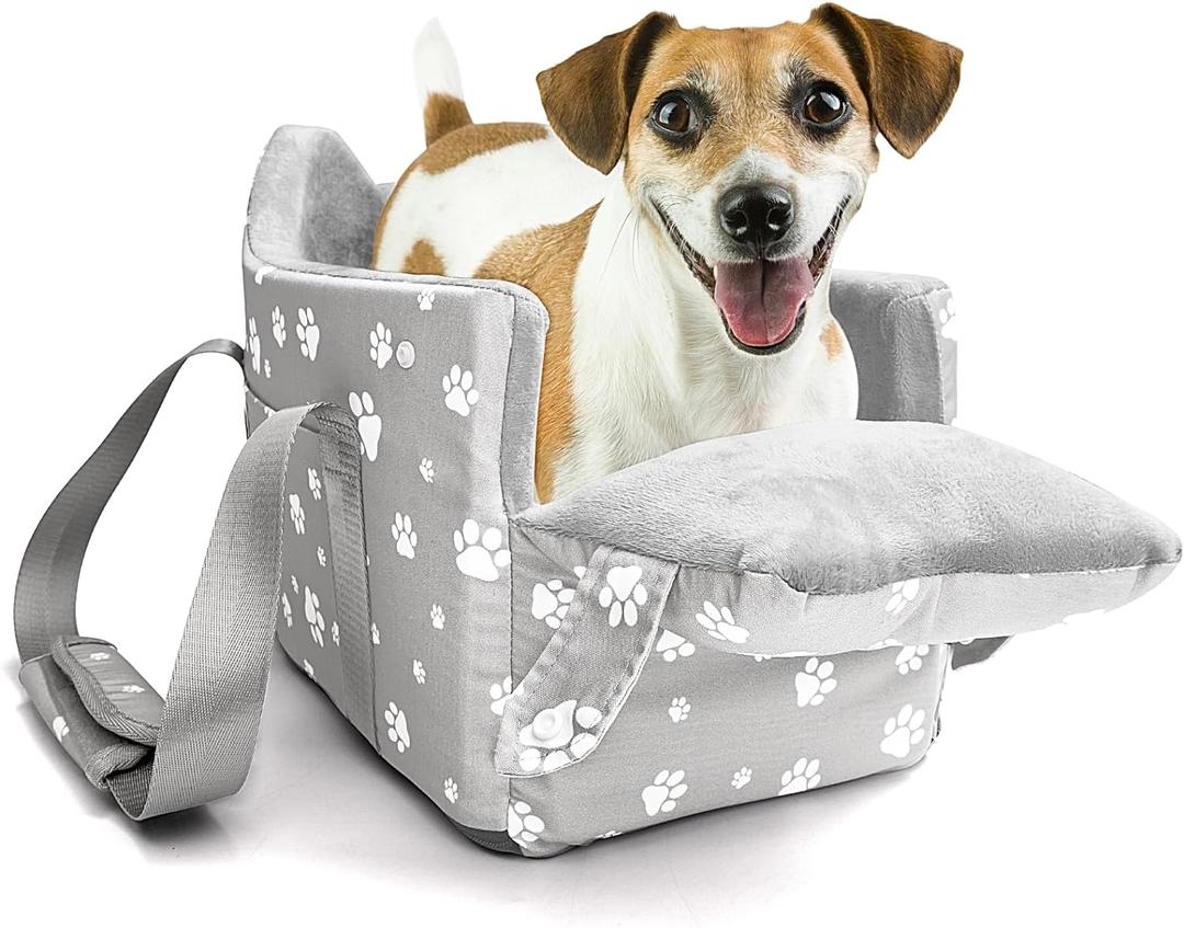 Cullaby Center Console Dog Car Booster Seat for Small Dogs 0-15 lbs - Grey Pet Travel Carrier Safety Leash, Detachable Seat Belt & Storage Pockets