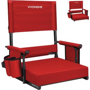 VIVOHOME Height Adjustable High Back Stadium Seat with Back Support and Cushion, Portable Bleacher Chair with Cup Holder and Shoulder Strap, Comfortable for Various Sports Events, Red