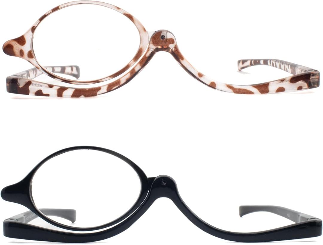 2 Pack Makeup Reading Glasses for Women Flip Down Cosmetic Magnifying Readers Make Up Eyeglasses Spring Hinge, Black/Brown, +2.50