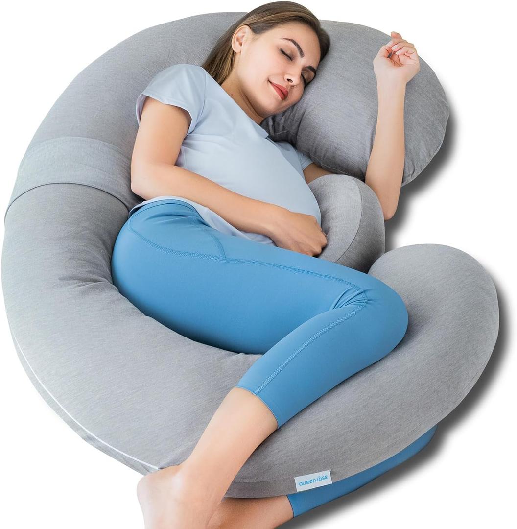 QUEEN ROSE Pregnancy Pillow, E Shaped Body Pillows for Sleeping Support, 60 Inch Maternity Pillow for Pregnant Women with Cooling Silky Cover, Grey