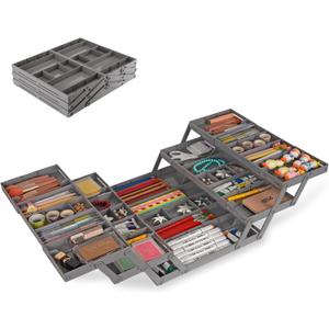 3 Tier Drawer Organizer - Expandable Junk Drawer Organizer Smart Office Supply Organizer, Folding Kitchen Drawer Storage Multi Level Desk Organizer for Makeup, Jewelry, Cosmetics Storage(2 Row 3 Tier) (Grey)