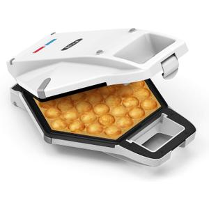 Bubble Waffle Maker for Hong Kong Style Breakfast Dessert 9" Waffles, Keto Chaffles Iron with Non-stick PFOA Free Iron Plates for Easy Cleaning and Food Release, Cone Rack Included, White