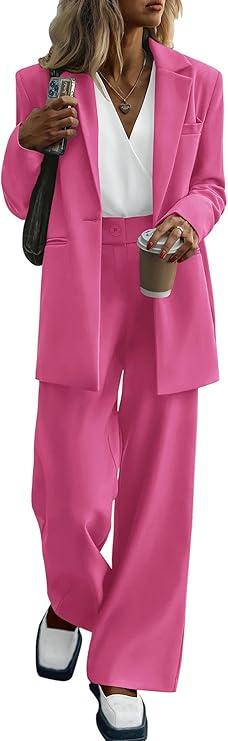 Women's 2025 Spring Fall 2 Piece Blazer Set Jackets and Dressy Wide Leg Pant Suits Pockets, L, Pink