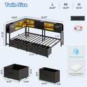 Twin Bed Frames with 5 Storage Drawers and Bookcase Headboard, Twin Size Metal Platform Corner Bed Frames for Kids Teens Daybed with Charging Station and LED Lights for Living Room, Bedroom, Black