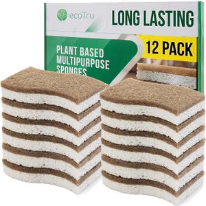 12 Pack Natural Kitchen Sponges, Compostable White Cellulose & Organic Coconut Scrubber Sponge for Washing Dishes, Kind Eco Friendly Non Toxic & Biodegradable Dishwashing Sponges