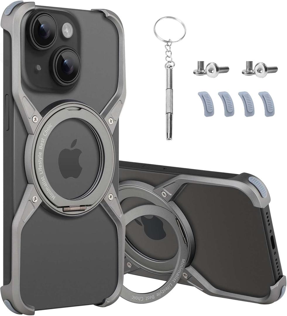 Frameless Phone Case Compatible with iPhone 13/14 / 15 Minimalist Phone Case Magnetic Kickstand Metal Frameless Protective Shock Case Titanium Color