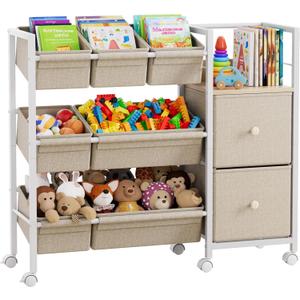 Kids Toy Organizers and Storage Bins - 7 Storage Bins + 2 Fabric Drawers + 1 Bookshelf, Playroom Storage, Mobile Cart Organizer for Toy, Clothes, Blankets and Books - Off White