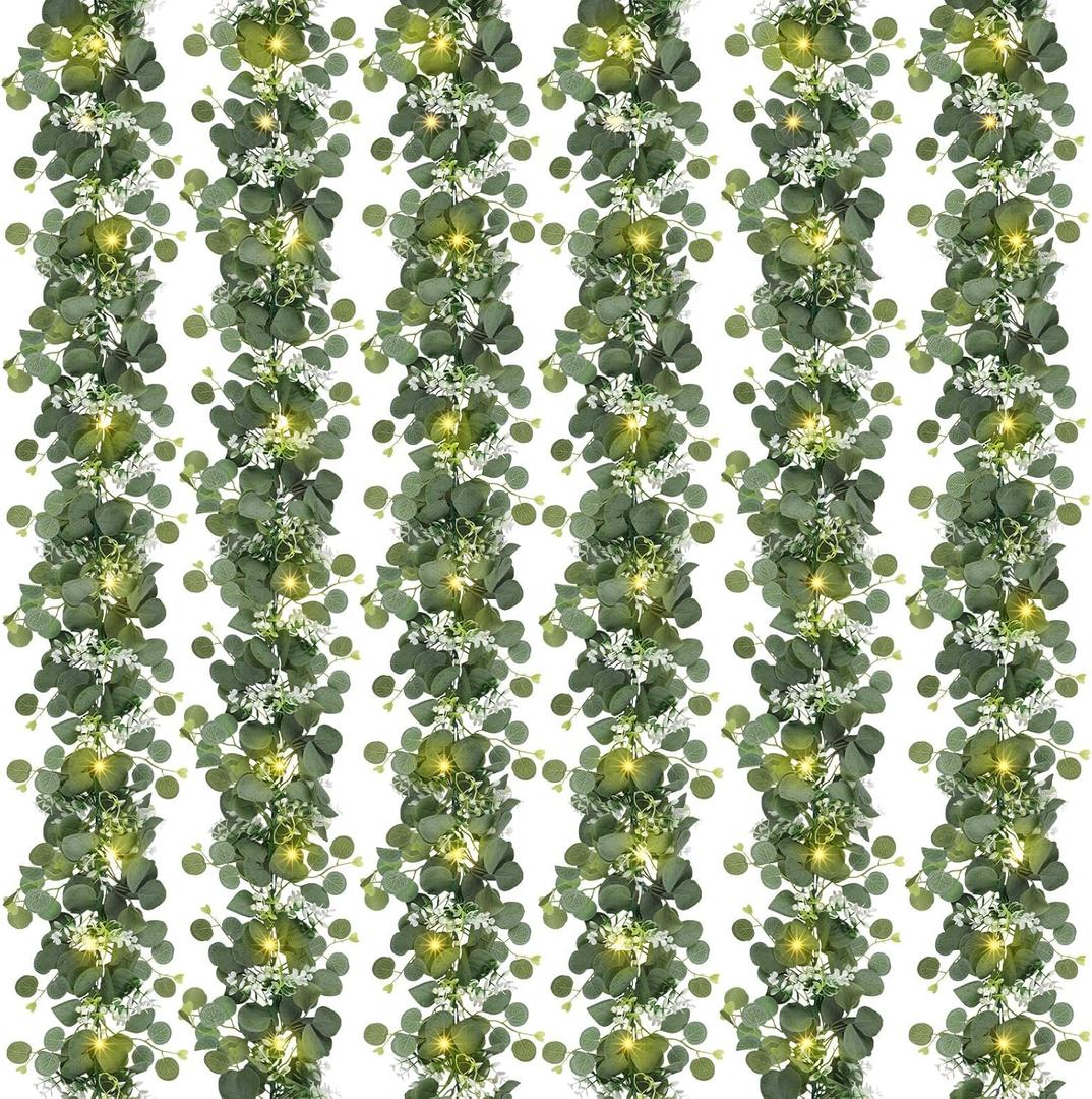 N&T NIETING 6 Pack Artificial Eucalyptus Garland with Lights, 6FT Artificial Greenery Garlands, Battery Operated Twig Vine for Room Stairs Mantle Wedding Holiday Easter Decoration Indoor Outdoor
