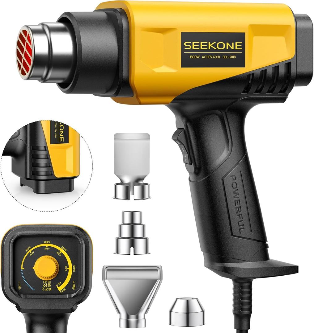 SEEKONE 1800W Heat Gun Compact Design Heavy Duty Hot Air Gun 122-120250- 650Variable Temperature Control for 2 Speed Settings with 4 Nozzels for Crafts, Vinyl Wrap, Shrink Tubing
