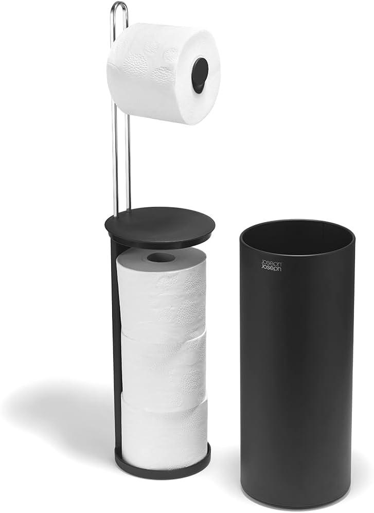 Joseph Joseph EasyStore Toilet Paper Holder Stand, Concealed Storage, Holds 3 Spare Rolls, Matt Black