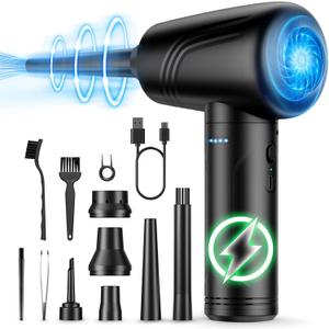 11-in-1 Compressed Air Duster, 3-Gear Adjustable 120000 RPM Electric Air Duster with LED Light, Reusable no Canned Keyboard Cleaner for Office, 9000mAh Cordless Air Duster for Computer/Car (Black)
