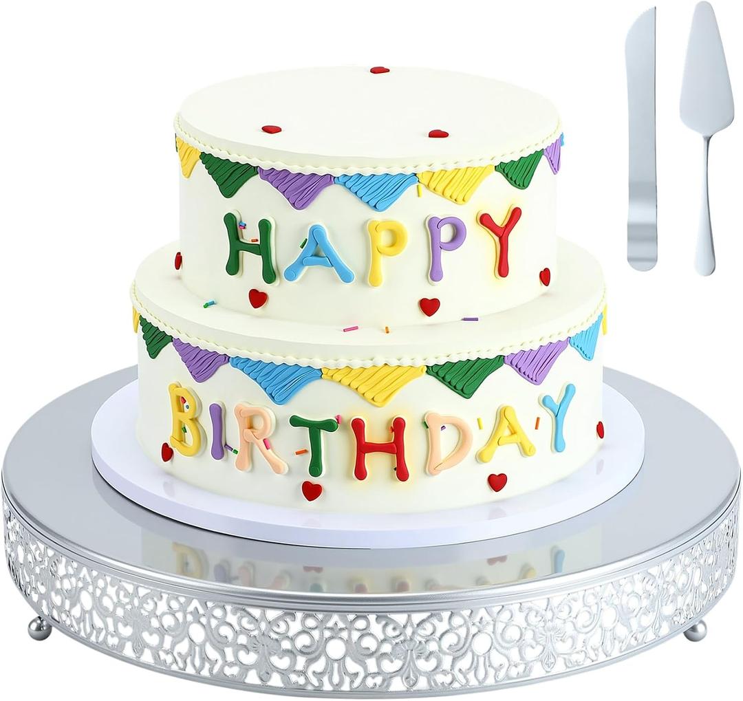 16 Inch Silver Cake Stand Set Metal Round Cupcake Dessert Stand with Cake Cutting, Spatula Wedding Cupcake Pastry Display Candy Holder Display for Wedding Party Birthday Baby Shower(Classic)