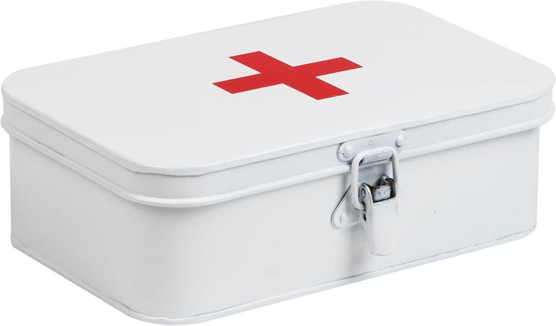 Mind Reader First Aid Box, Emergency Kit, Medical Supply Organizer, Vintage, Buckle Lock, Metal, 9.25"L x 6"W x 3"H, White