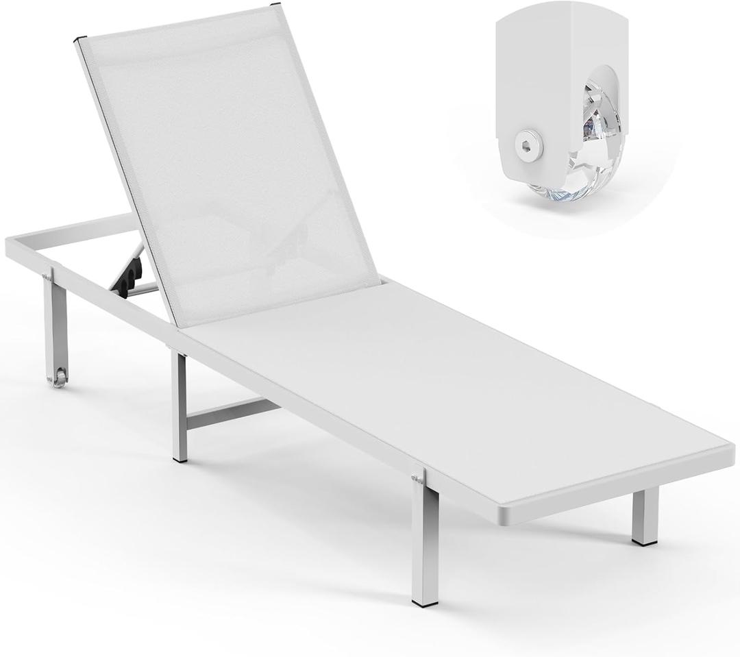 Lounge Chair Outdoor with Wheels, Aluminum Patio Chaise Lounge Chair with 5 Adjustable Backrest - Easy to Move- Pool Lounge Chairs for Deck, Beach, Poolside (White)
