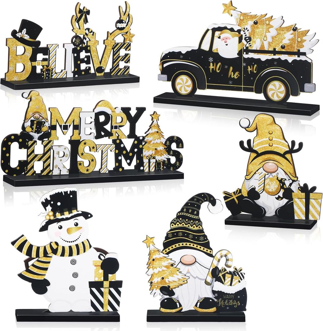 Capoda 6 Pcs Christmas Table Decorations Wooden Christmas Table Centerpieces Xmas Snowman Santa Claus Gnome Signs Merry Xmas Toppers for Holiday Party Supplies(Black, Gold)