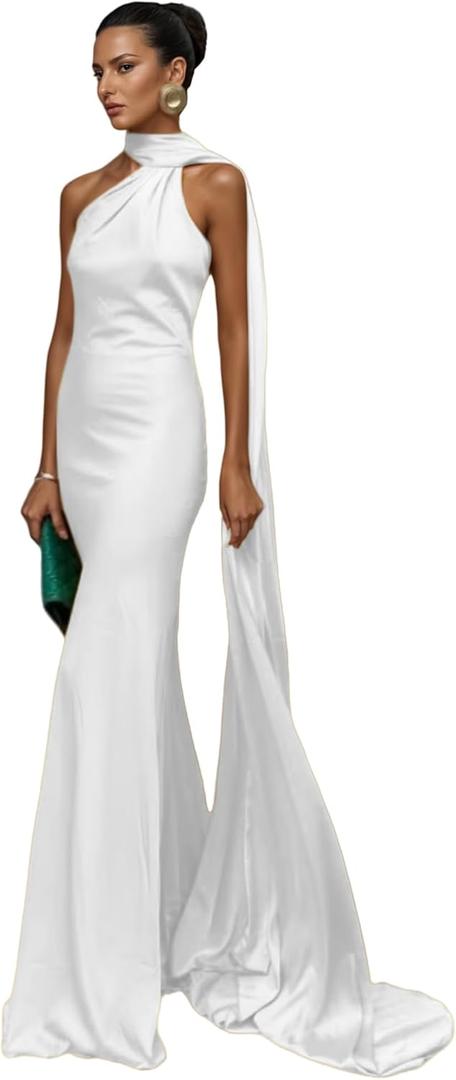 Women Satin One Shoulder Maxi Dress with Long Scarf Y2k Backless Long Prom Formal Evening Dresses (White, S)