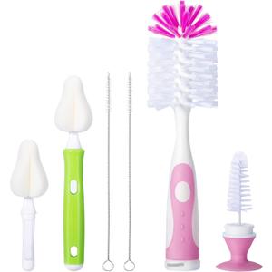 Baby Bottle Brush with One Base Hidden Nylon Nipple Cleaner, 2 Pcs Sponge Nipple Brushes, 2 Pcs Straw Brushes, Bottle Brush with Nipple Cleaner and Suction Cup (Pink)