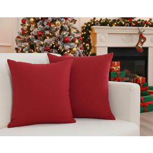 PurpleEssences Pack of 2 Cotton Pillow Covers Decorative Throw Pillowcase Soft Solid Cushion Case for Sofa Car Bedroom - Christmas Holiday Winter - 16x16 Inch - Red