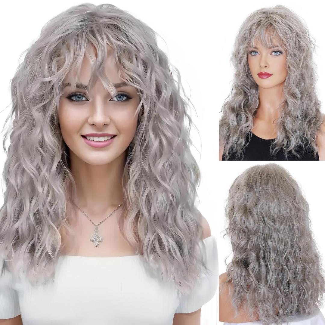 DDHAIR Grey Wig with Bangs Long Curly Synthetic Wigs for White Women Daily Cosplay Party Halloween Costume (Grey 20 Inches) (Gray)