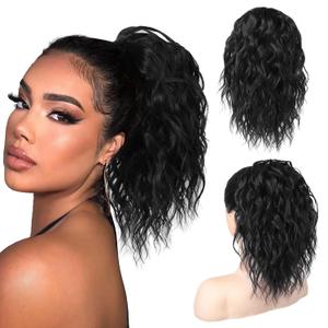 SEIKEA Ponytail Extension, 14" Short Wavy Drawstring Ponytail Lightweight Multi Layered Fake Pony Tails Hair Extensions Natural Soft Clip in Hair Extensions Ponytail Black