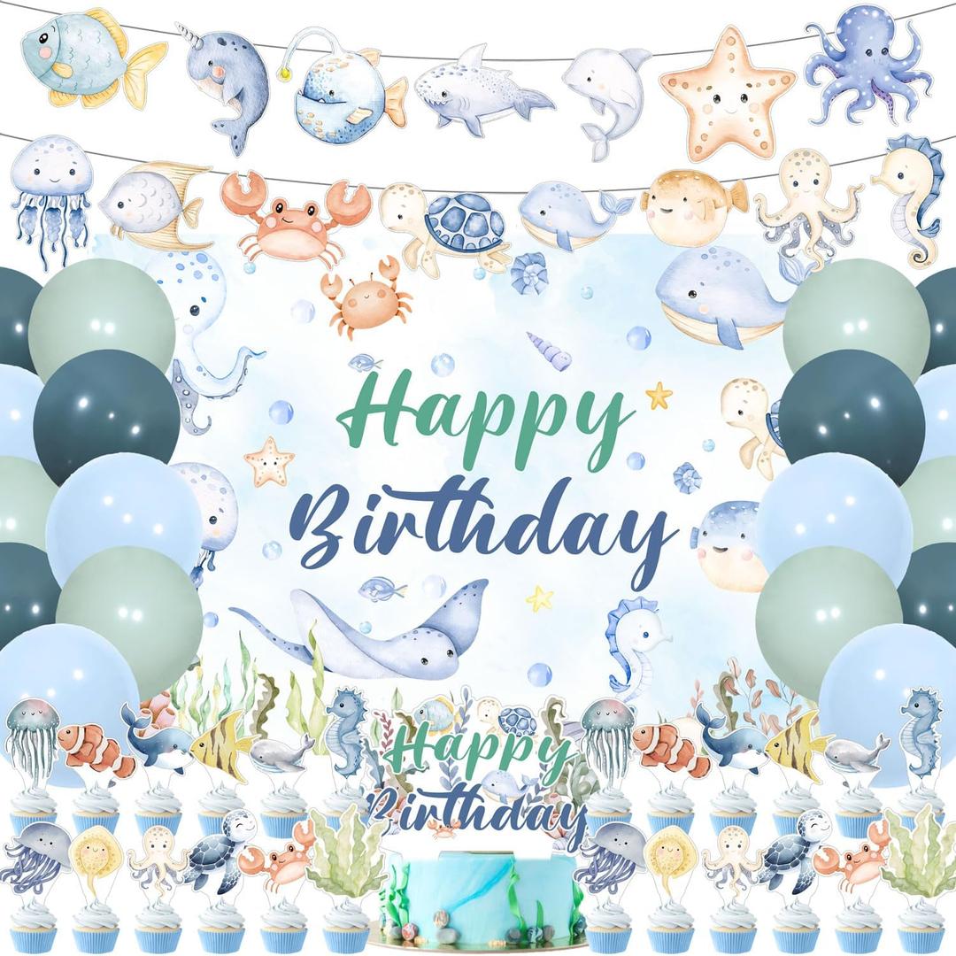 59 Pcs Ocean Sea Animals Themed Birthday Party Supplies, Includes Backdrop, Banner, Balloons, Cake & Cupcake Toppers in Blue & Green