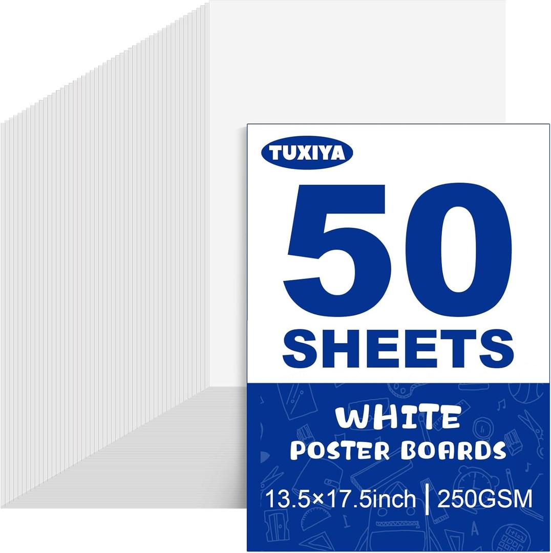 TUXIYA 50 Pack White Poster Board,13.5" x 17.5" White Poster Paper Bulk,250GSM/92LB Heavy-Weight Blank Poster Board for Arts,Craft,Projects Presentations,Drawing Scrapbooking