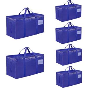 6 Pack-Extra Large Heavy Duty Moving Bags - Waterproof Storage Totes with Handles & Zippers, Foldable for College Dorm, Storage (Blue)