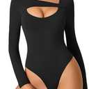 Avidlove Women Long Sleeve Bodysuit Scoop Neck Cutout Thong Body Suits Double Lined Slim Fitted Leotard Going Out Tops (X-Large, Black)