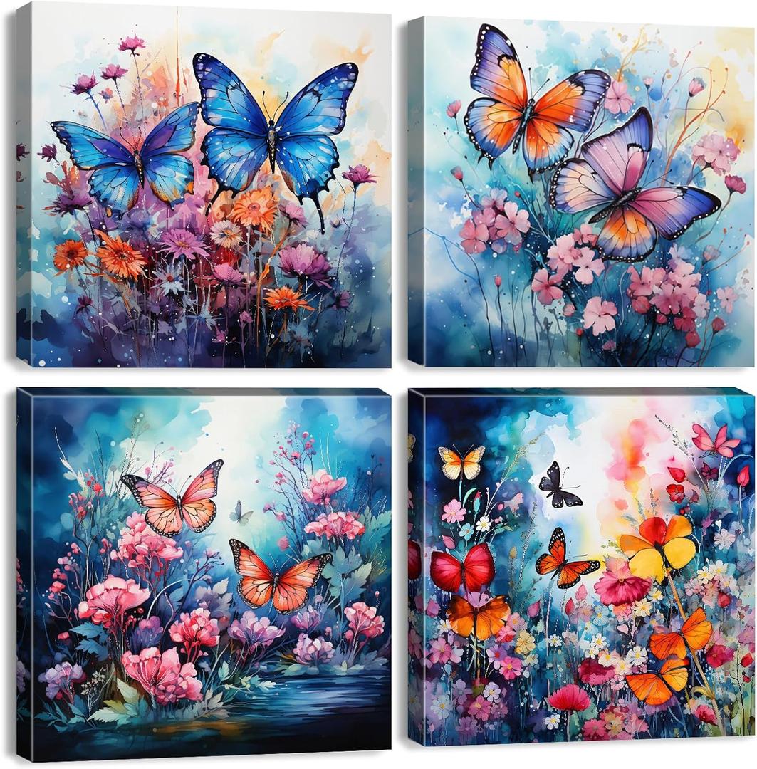 Butterfly Wall Art Colorful Flower Pictures Blue Abstract Butterfly Bathroom Wall Decor Nature Wildflower Canvas Prints Farmhouse Botanical Artwork Living Room Bedroom Home Decorations 12x12" 4Pcs