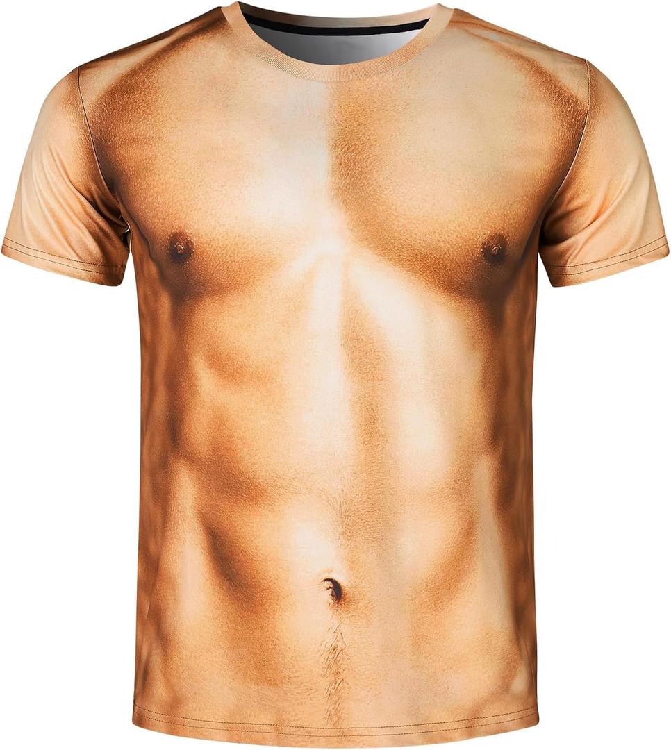 Goodstoworld Unisex 3D Fake Abs T Shirts Shredded Chest Printed Short Sleeve Costume Novelty Tees Shirt (XL)