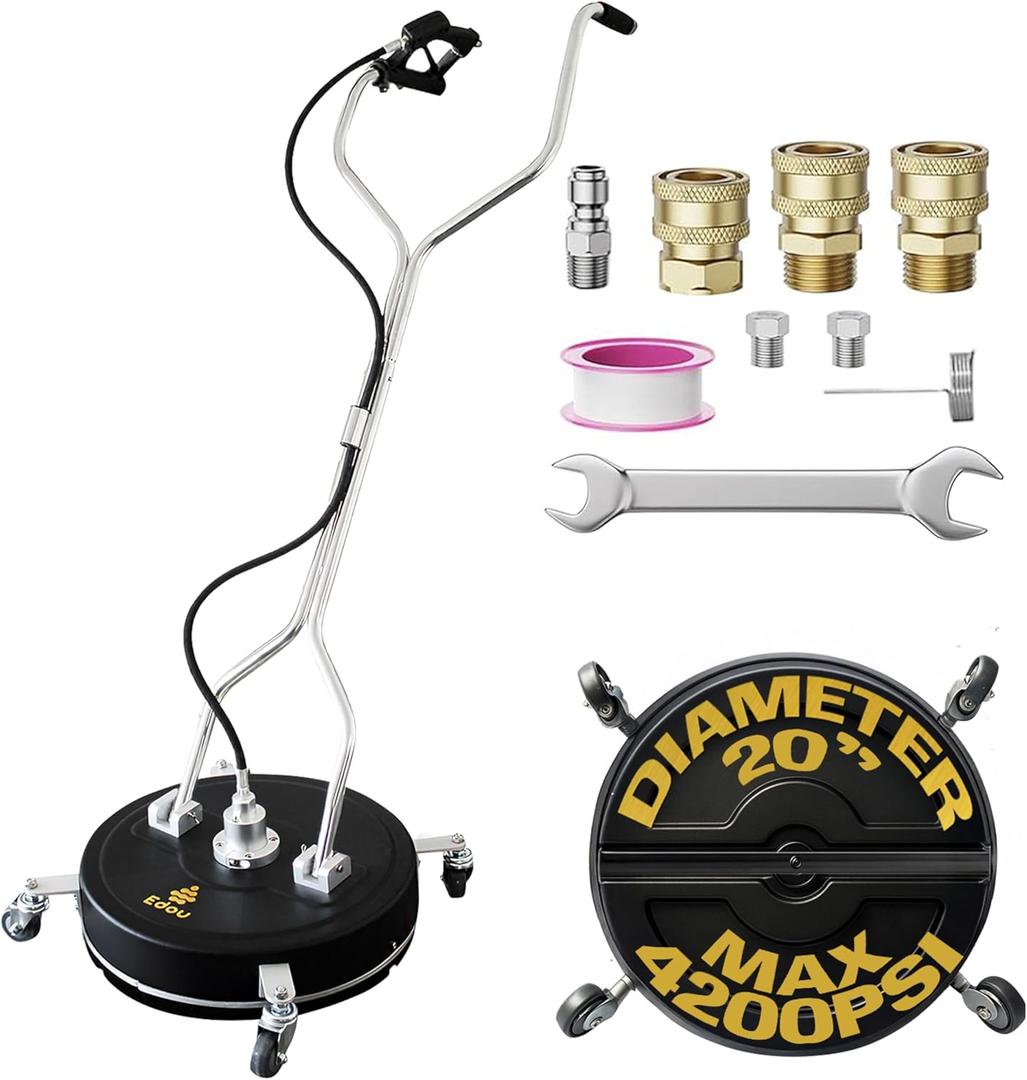 EDOU 20-Inch Dual Handle Pressure Washer Surface Cleaner, Wheels - Heavy Duty Composite Surface Pressure Washer - 4000 PSI Max - Includes 3/8-Inch Quick Connector Kit, Teflon Tape, Adapter Set