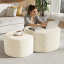 Round Nesting Coffee Table Set of 2,Upholstered Foam Ottoman Footrest Side Table Set,Modern Flannel Circle Coffee Table No Assembly for Living Room Entryway Bedroom,Beige