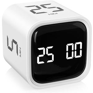 Rotating Pomodoro Timer 5, 25, 10 50 Minutes Preset, Desk Productivity Flip Timer, ADHD Tool Cube Countdown Stopwatch, Vibration/High/Low Volume/Custom Modes, for Work, Study, Back to School, White
