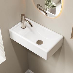 MIJIC 16" x 9" Wall Mount Bathroom Sink Rectangule Floating Sink Porcelain Ceramic White Bathroom Vessel Sink Left Hand Set