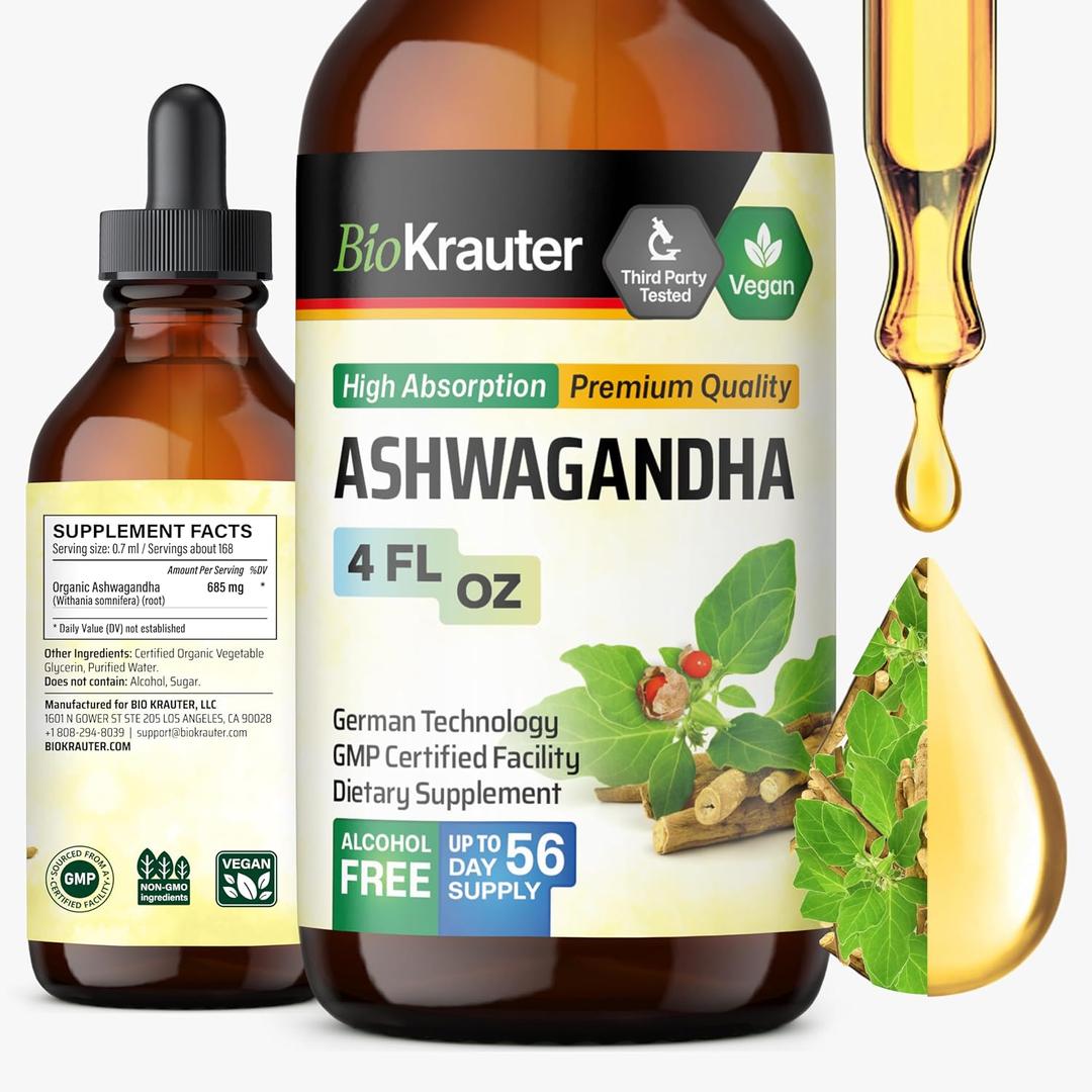 BIO KRAUTER Ashwagandha Supplements - Liquid Drops Pure Vegan Ashwagandha for Women & Men 685 mg per Serving 4 Fl.Oz 56-Day Supply - Used for Mood Magic & Relaxation Support - Alcohol & Sugar Free