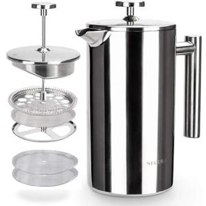 Secura French Press Coffee Maker, 304 Grade Stainless Steel Insulated Coffee Press with 2 Extra Screens, 34oz (1 Litre), Silver
