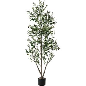 Olive Trees Artificial Indoor, 6FT Tall Faux Olive Tree with Lights Moss and Planter, Artificial Plants Indoor with Natural Wood Trunk and Lifelike Fruits, Fake Tree for Home Office Living Room Decor