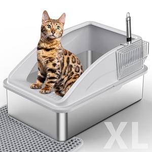 Stainless Steel Litter Box, Extra Large Litter Boxes for Big Cats, XL Metal Cat Litter Box with Lid, Anti-Urine Leakage, Non-Sticky, Include Cat Mat and Litter Scoop