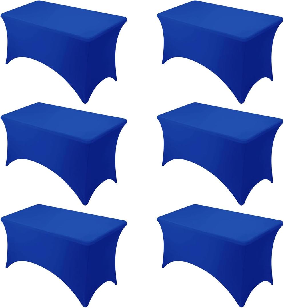 6-Pack Premium Royal Blue Spandex Tablecloths for 4ft Rectangle Tables, Stain & Wrinkle-Resistant, Washable Stretch Polyester Fitted Table Cover for Weddings, Banquets, Trade Shows Events