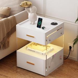 Night Stand with 2 Drawers, White Nightstand with Charging Station and LED Lights, Bedside End Table for Small Space, Solid Wood Painted Finish