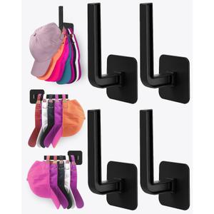 Sunfanie Hat Rack for Hat Storage (4-Pack), Multi-Purpose Hat Organizer, Strong Adhesive Hat Hooks for Wall Organizer for Baseball Caps, Two Mounting Options Hook, Black