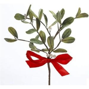 Artificial Mistletoe Floral Pick With Red Satin Bow, Set of 2