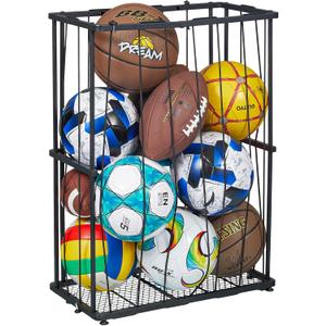 Garage Ball Storage Wall-Mounted & Floor Sports Equipment Organizer: Sports Ball Rack with Elastic Rope, Holder for Basketball, Soccer, Volleyball, Football, Garage, Gym, Black(Patent Pending)