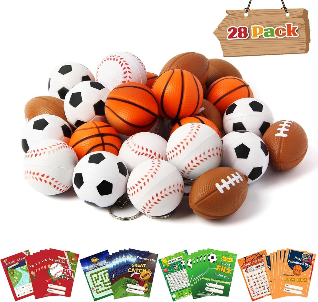 2 x 28 Pack Valentine's Day Sports Ball Gift, Valentines Gift Cards for Kids, Football Soccer Sports Stress Ball for Boys Girls Classroom Exchange Gifts School Party Favor
