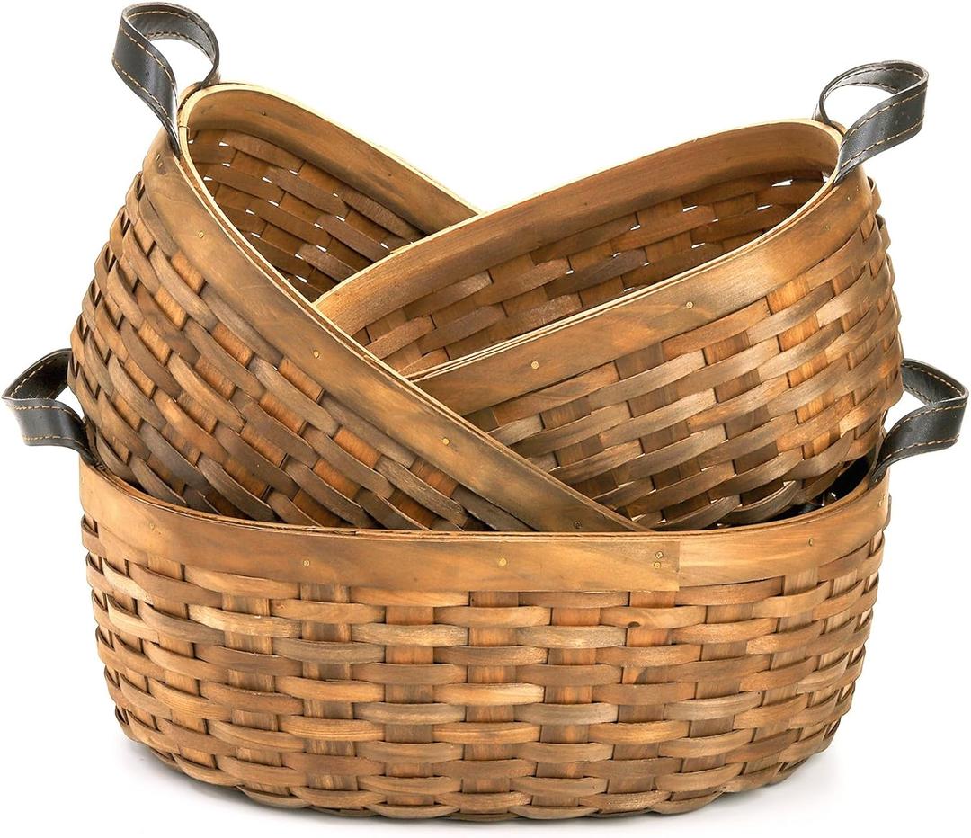 Elsjoy Set of 3 Wood Woven Bread Baskets with Handles, Handmade Wooden Harvest Baskets Wicker Fruit Basket for Serving, Rustic Rattan Woven Picnic Basket for Kitchen, Home Decor