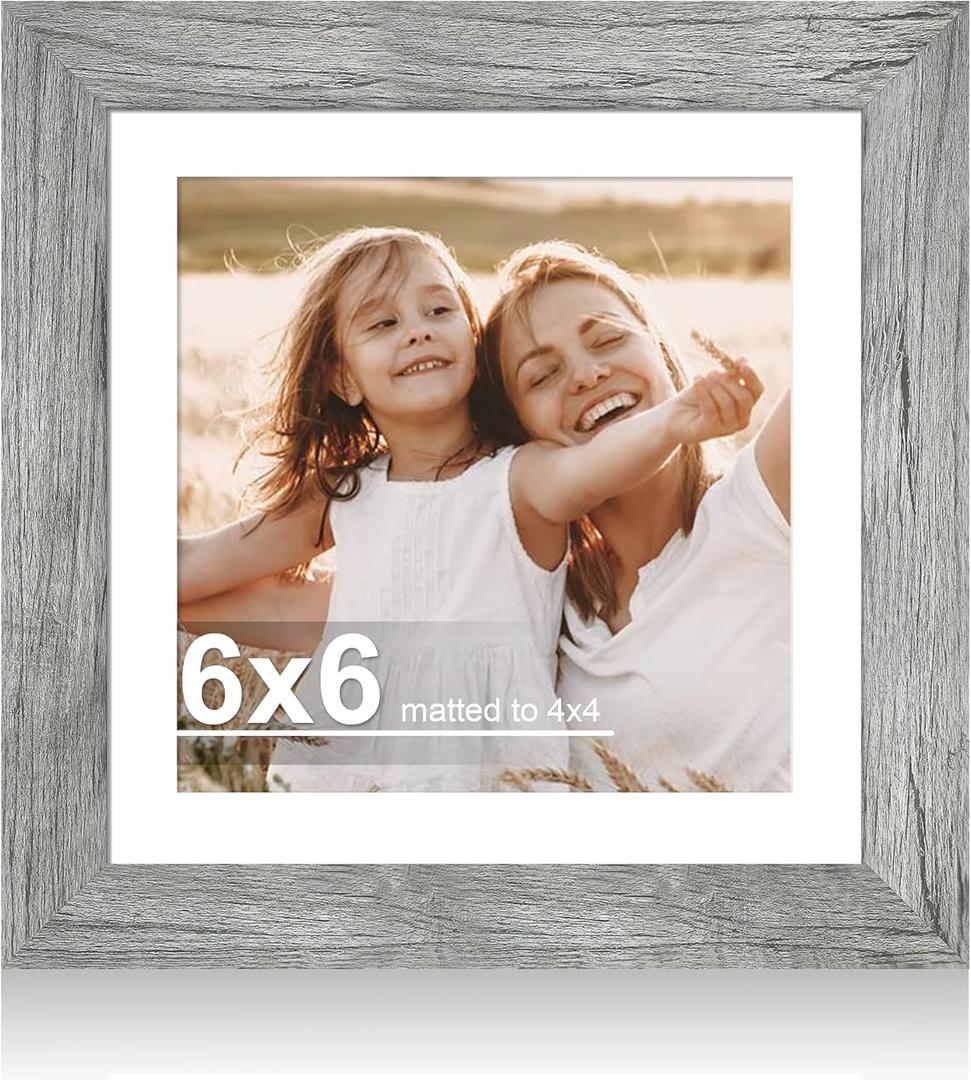 Hongkee 6x6 Picture Frame with Glass, Display Pictures 4x4 with Mat or 6 x 6 without Mat - Wall and Tabletop, 6 by 6 Photo Wooden Frames (Grey, 1 Pack)
