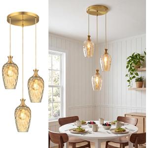 3-Light Cluster Pendant Lighting, Vintage Gold Glass Chandelier