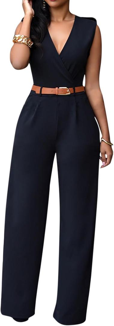 Pink Queen Jumpsuits for Women Dressy V Neck Sleeveless Wide Leg Long Pant Rompers Business Casual Outfits Small
